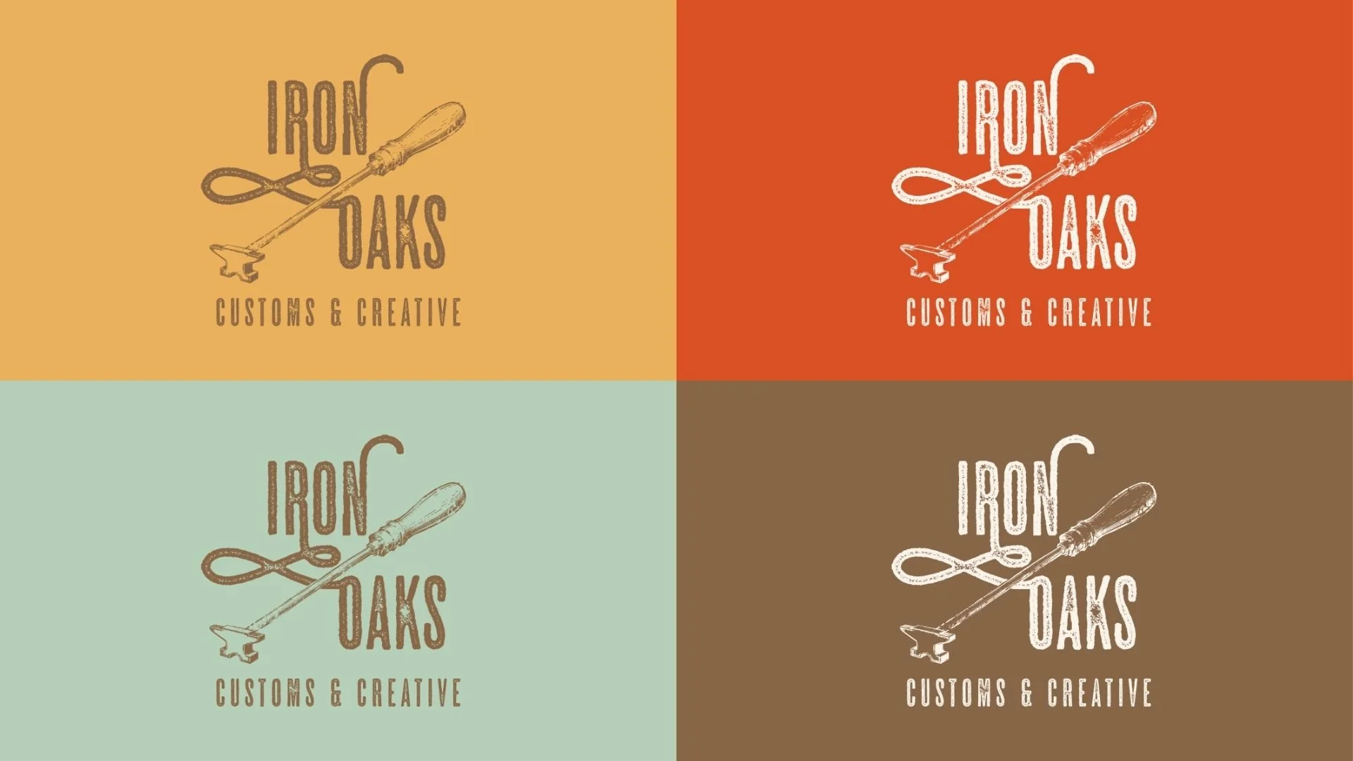 Iron Oaks Creative brand color palette showing the logo with complementary color combinations