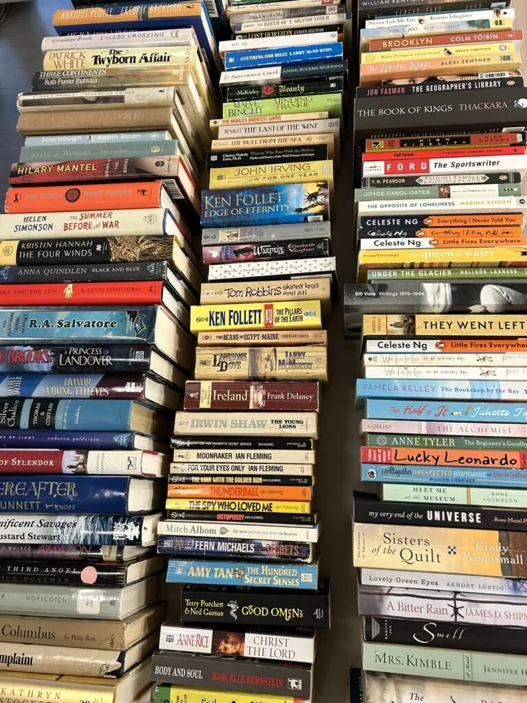 Two stacks of books placed side by side, featuring a variety of titles and authors, arranged in no particular order, with some books striped or with colored spines.