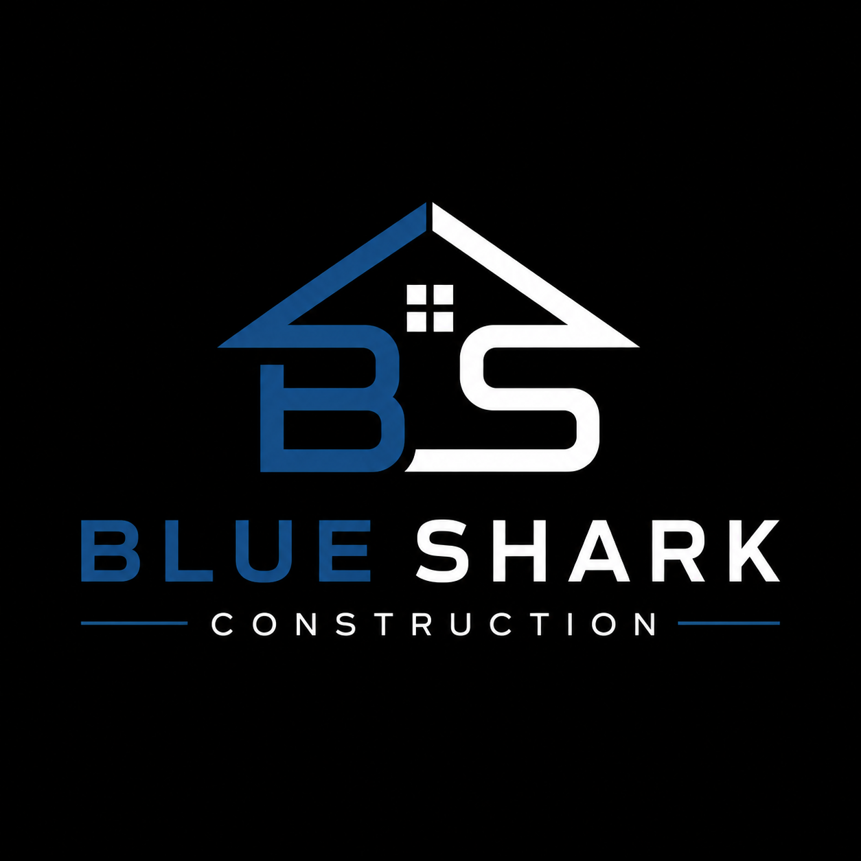 A logo for Blue Shark Construction featuring a stylized house with blue and white elements, the letters B and S integrated into the house design, with the company name below in blue and white text on a black background.