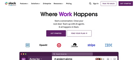 Slack homepage with "Where Work Happens" headline and logos of partner brands including OpenAI, Stripe, and IBM