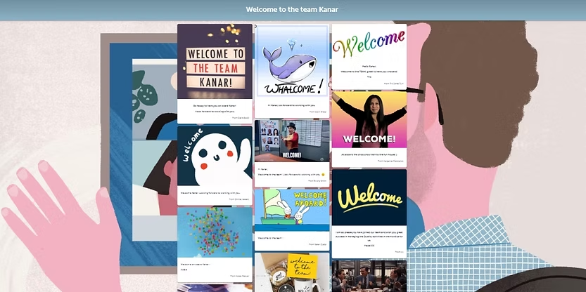 Kudoboard platform showing a collage of animated and illustrated welcome messages sent to a new team member named Kanar