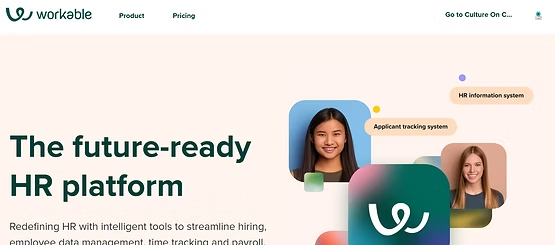 Workable homepage with "The future-ready HR platform" headline on a warm beige background with feature labels