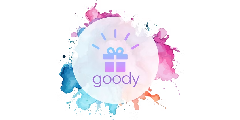 Goody logo with gift box icon on a colorful watercolor splash background