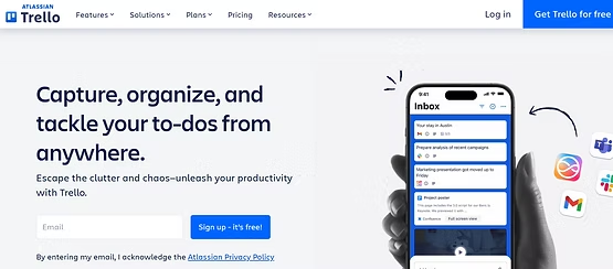Trello homepage showing "Capture, organize, and tackle your to-dos from anywhere" with a mobile app preview
