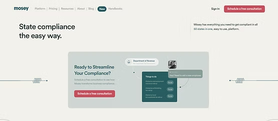 Mosey homepage with "State compliance the easy way" headline on a clean, minimal light background