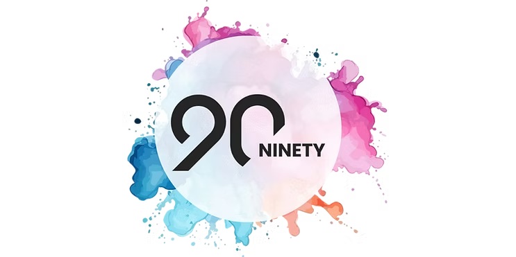90 Ninety logo with bold numeral on a colorful watercolor splash background