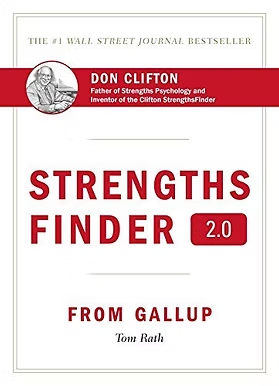 Book cover of "StrengthsFinder 2.0" by Tom Rath from Gallup, white and red design with Wall Street Journal bestseller designation
