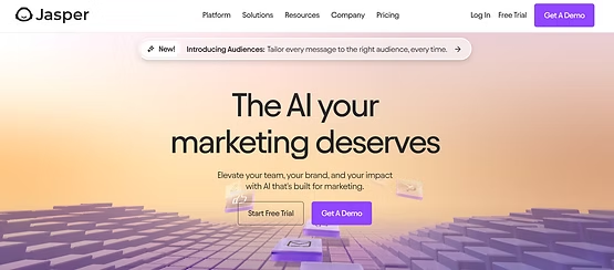 Jasper AI homepage with "The AI your marketing deserves" headline on a warm gradient background