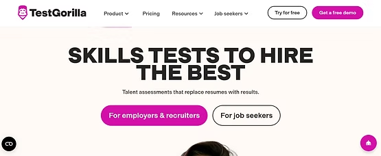 TestGorilla homepage showing "Skills Tests to Hire the Best" with CTA buttons for employers and job seekers