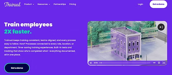 Trainual homepage with "Train employees 2X faster" headline on a bold purple background with product demo video