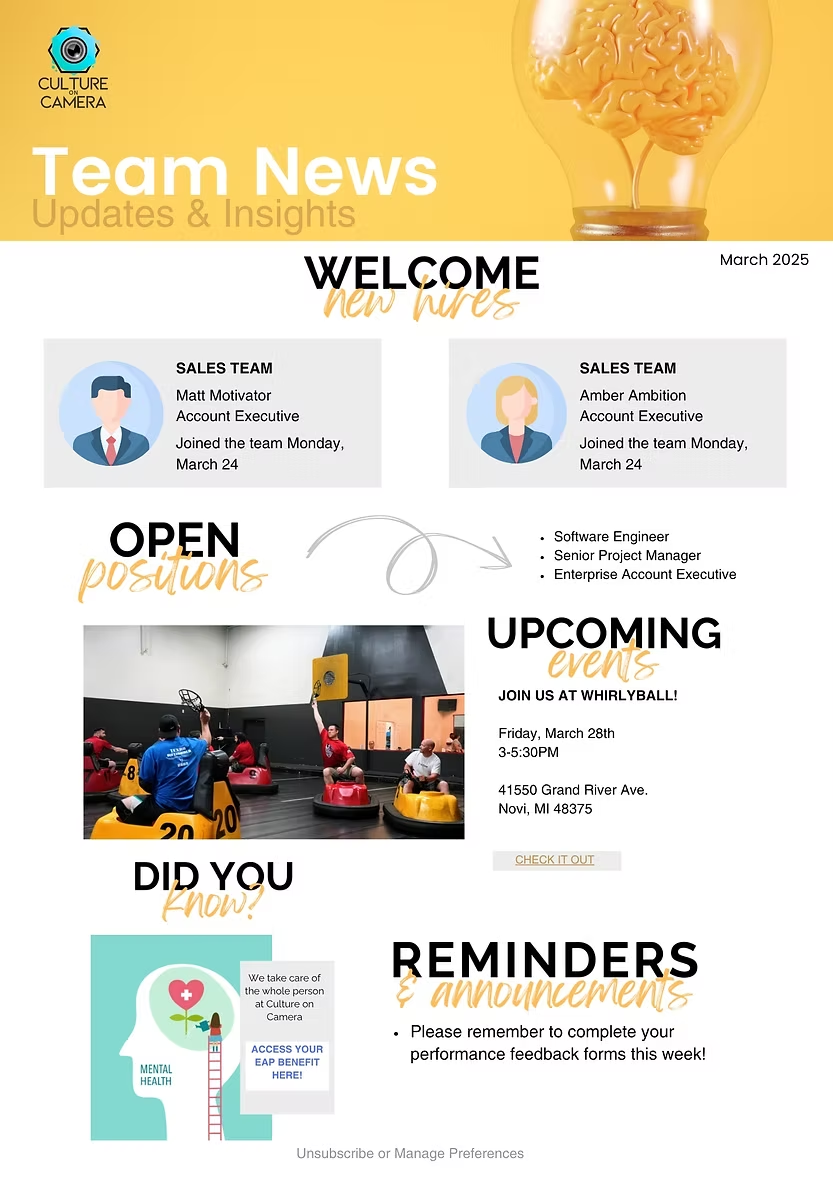 Culture On Camera March 2025 Team News newsletter featuring new hire announcements, open positions, a WhirlyBall event, and a mental health reminder