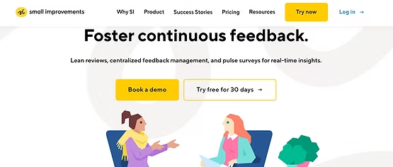 Small Improvements homepage with "Foster continuous feedback" headline and two illustrated characters in conversation
