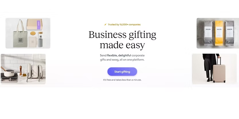 Goody homepage showing "Business gifting made easy" with product photos of corporate gifts and swag on a light background