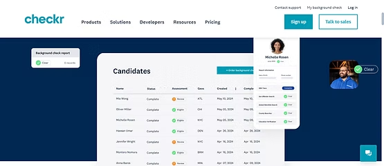 Checkr candidates dashboard displaying background check statuses for multiple applicants in a dark blue interface