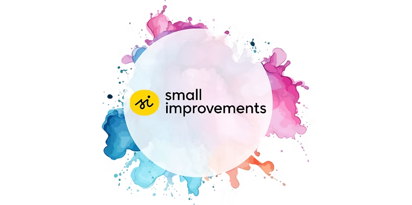 Small Improvements logo with yellow "si" badge on a colorful watercolor splash background