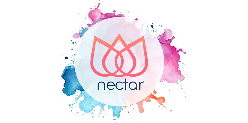 Nectar HR logo with coral lotus flower icon on a colorful watercolor splash background