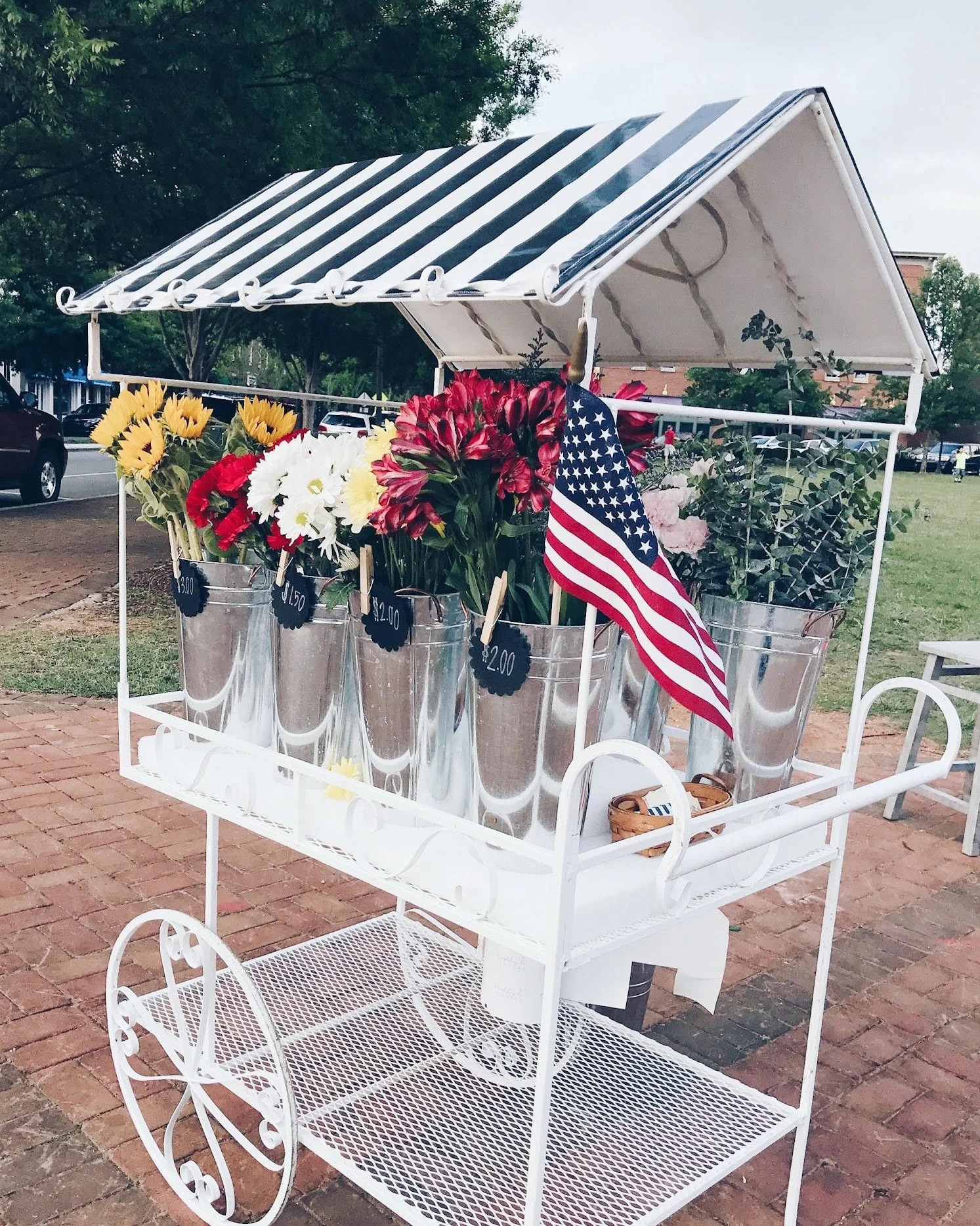 A white metal cart with a black and white striped canopy selling flowers, including sunflowers, red and pink petals, and white daisies, displayed in silver buckets with small price tags. An American flag is attached to the cart. The background shows 
