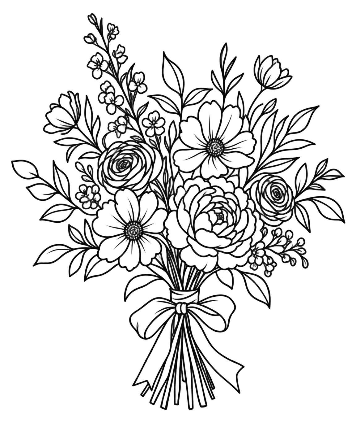 Outline of a bouquet of various flowers with a bow at the base.