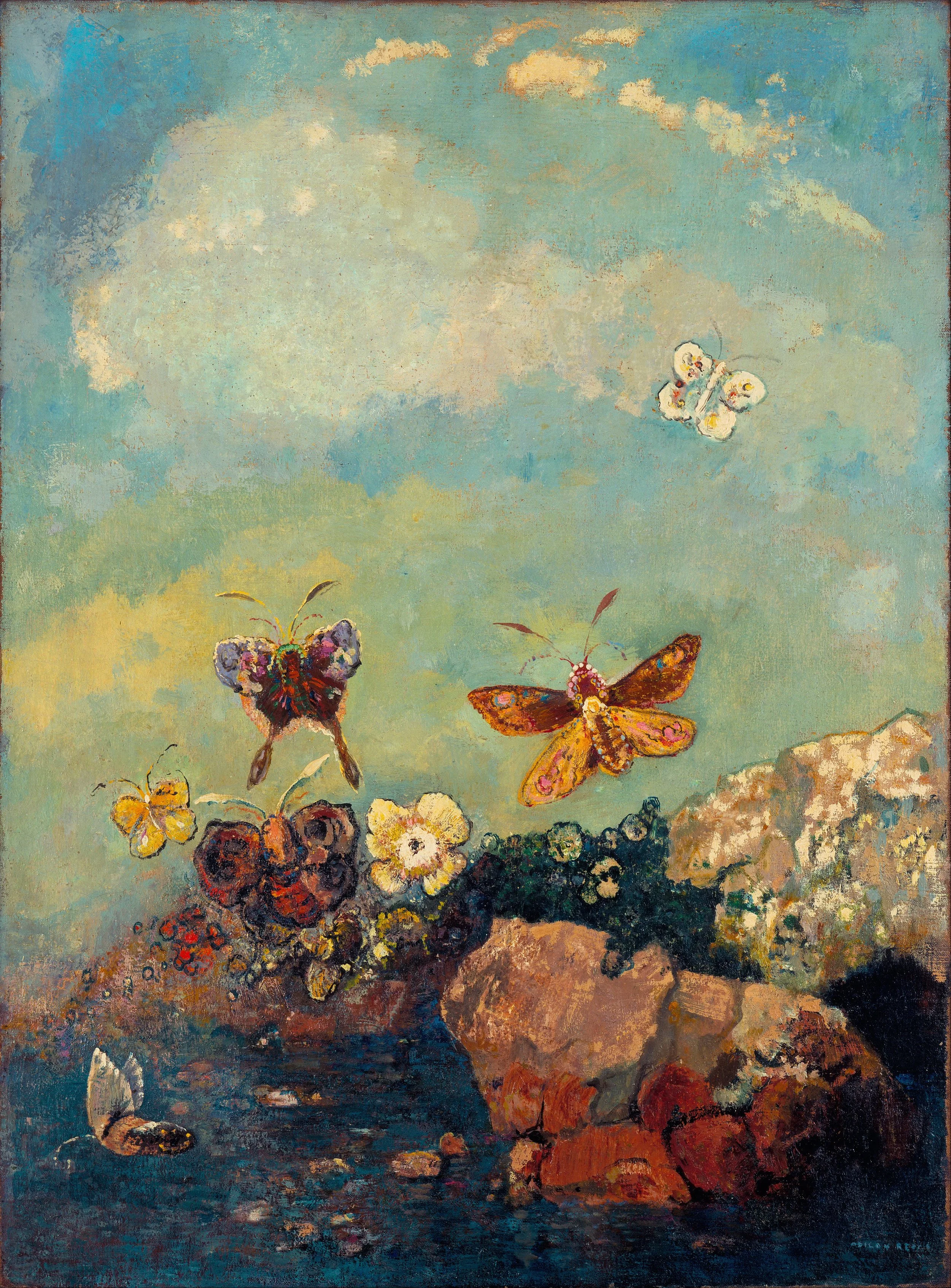 Impressionist painting depicting butterflies flying over colorful flowers against a blue sky with cloud streaks.