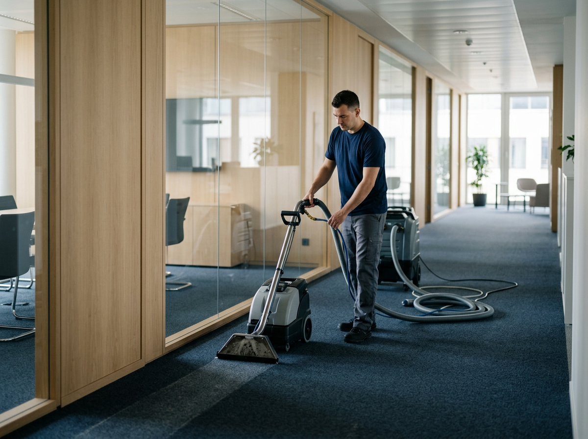 A man cleaning the carpet with a commercial cleaning machine in an office hallway with glass walls and wooden paneling.
