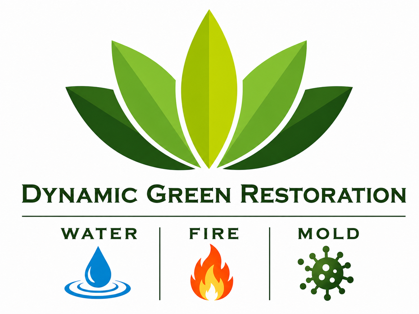 A logo for Dynamic Green Restoration featuring a green leaf design, with icons representing water, fire, and mold, highlighting their services.