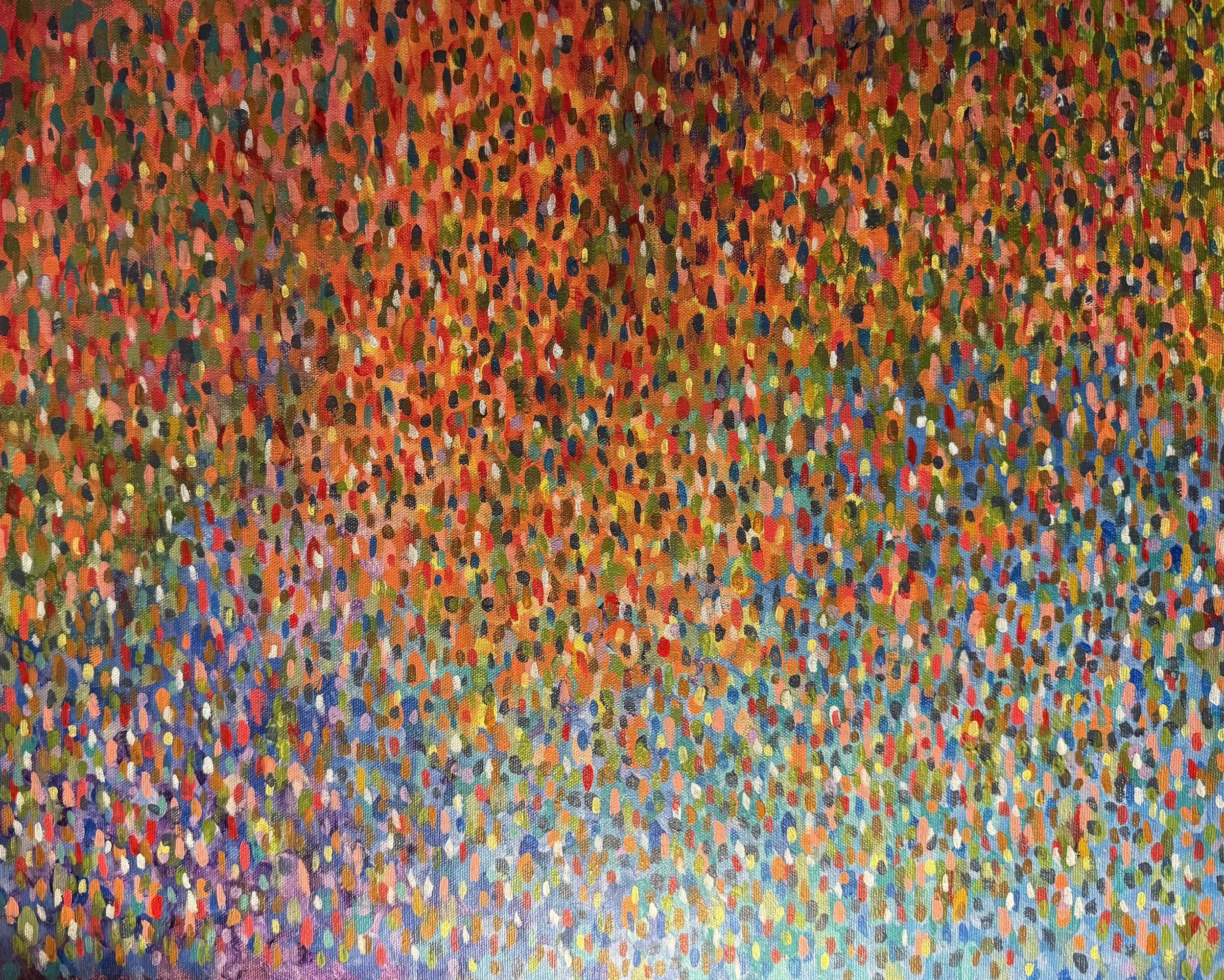 A colorful abstract pointillist style painting with numerous small, brushstrokes in shades of red, orange, yellow, green, blue, and purple, arranged in a dense, mosaic-like pattern.