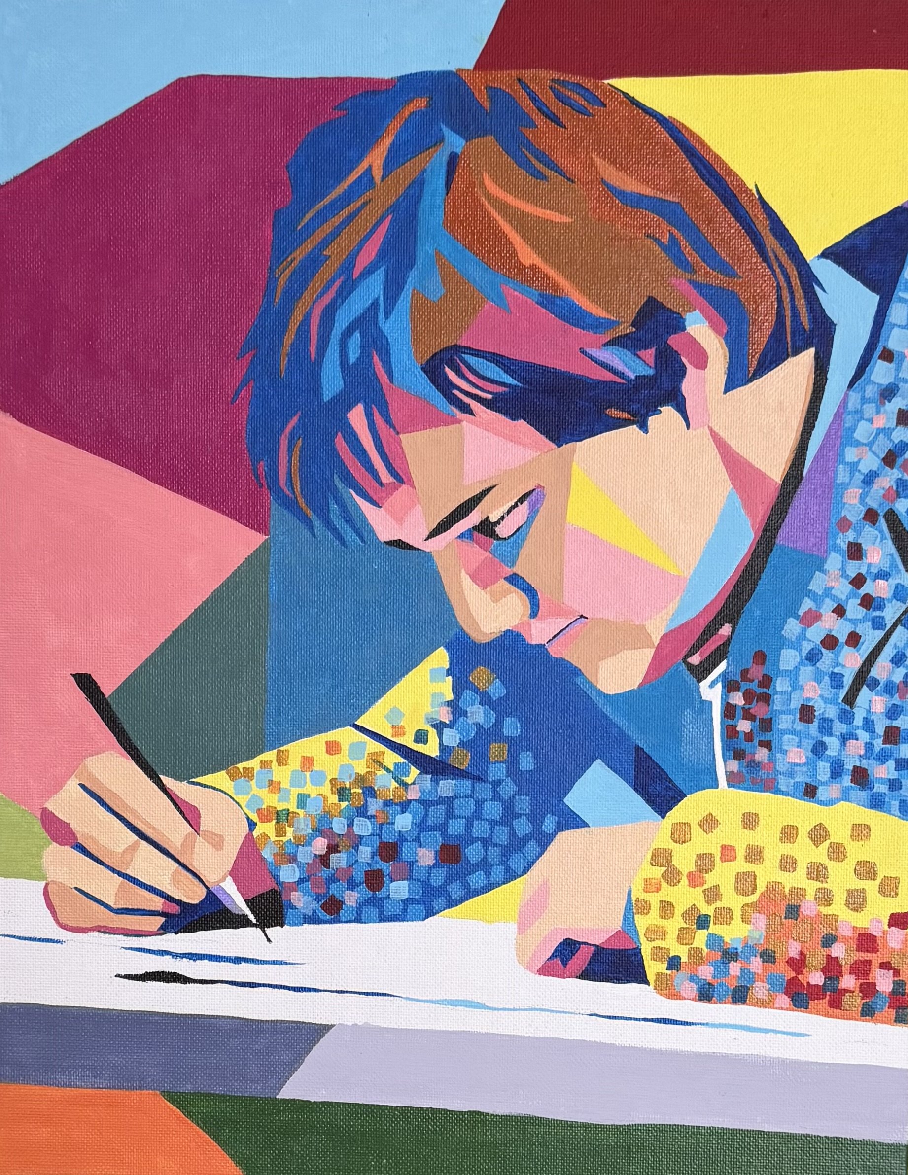 Colorful, abstract art featuring a stylized portrait of a man with layered hair, holding a pen or marker, surrounded by vibrant geometric shapes and patterns.
