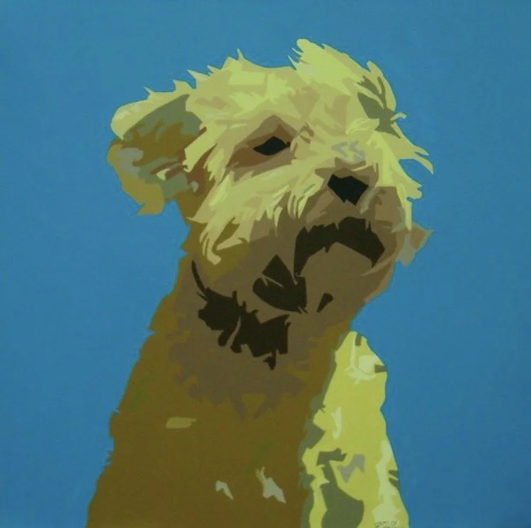 An abstract painting of a small dog, with a blue background, in yellow and brown tones, with its mouth open, possibly barking or yawning.