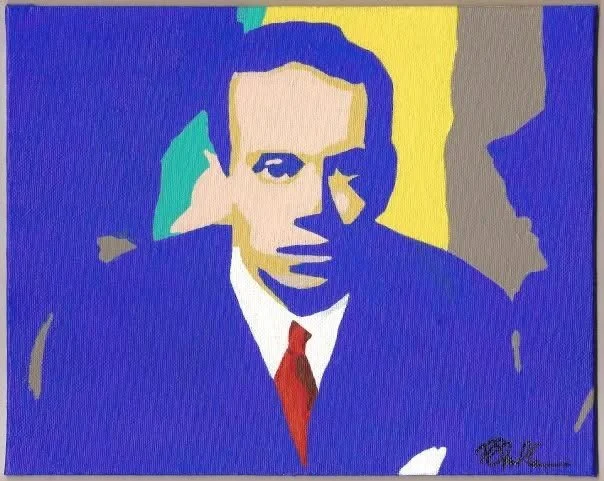 A colorful, stylized painting of a man in a suit with a red tie, featuring abstract background colors including blue, yellow, green, and gray.