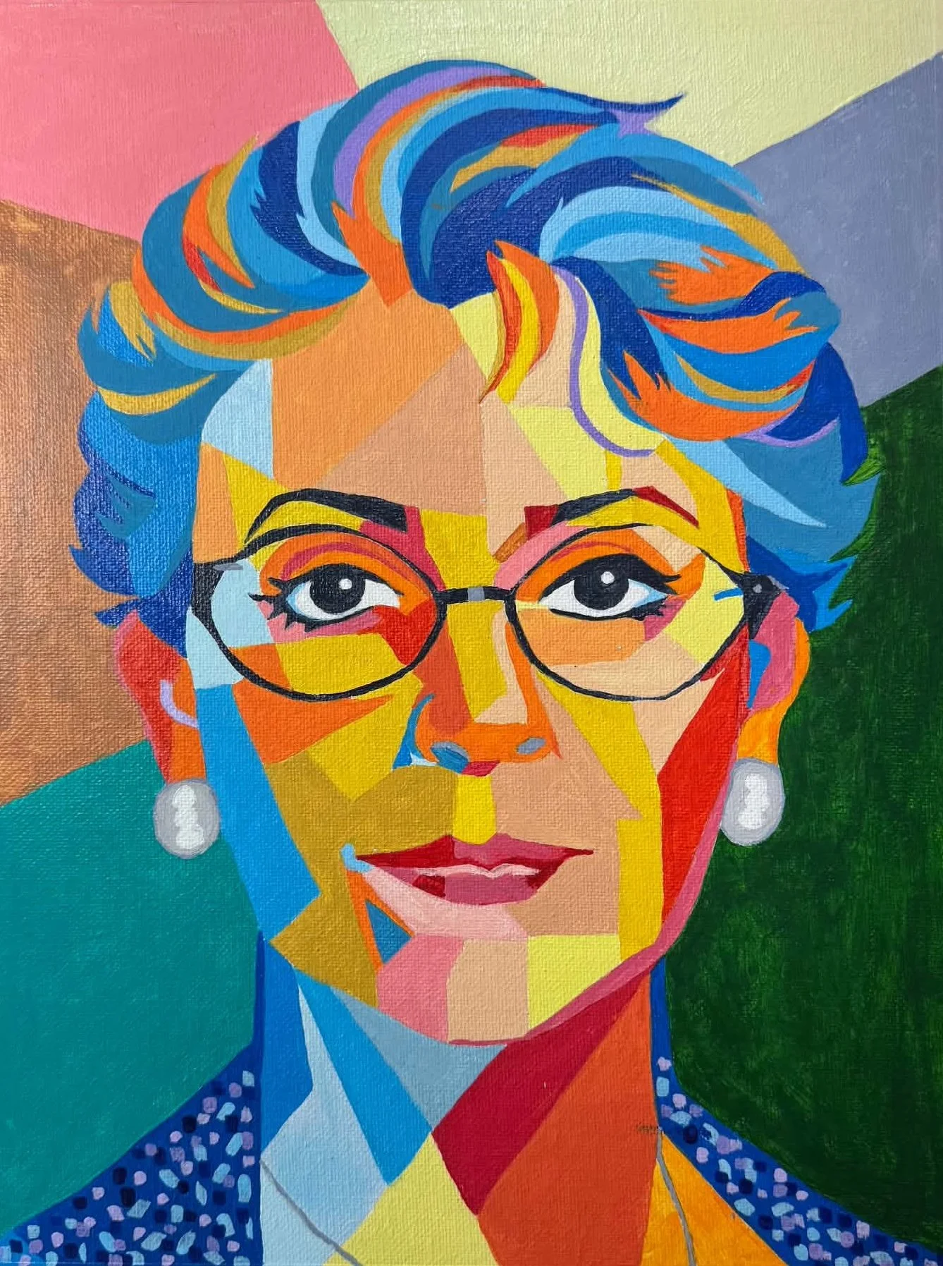 Colorful abstract painting of a woman with blue hair, glasses, and pearl earrings, using bright geometric shapes and vivid colors.