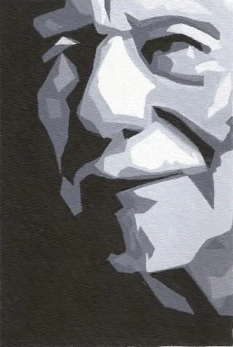 A stylized, abstract portrait of a man's face in gray and black tones, with a contemplative expression.