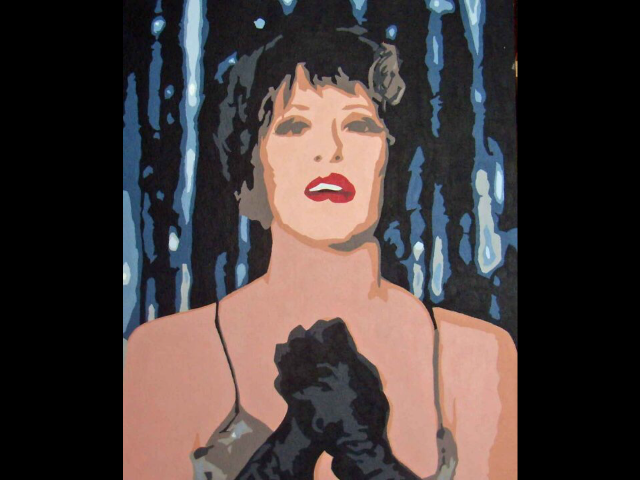 Painted portrait of a woman with short hair, red lipstick, wearing black dress, and long earrings, against a background of a Mylar curtain. Based on the character Sally Bowles in Kander and Ebb’s musical Cabaret.