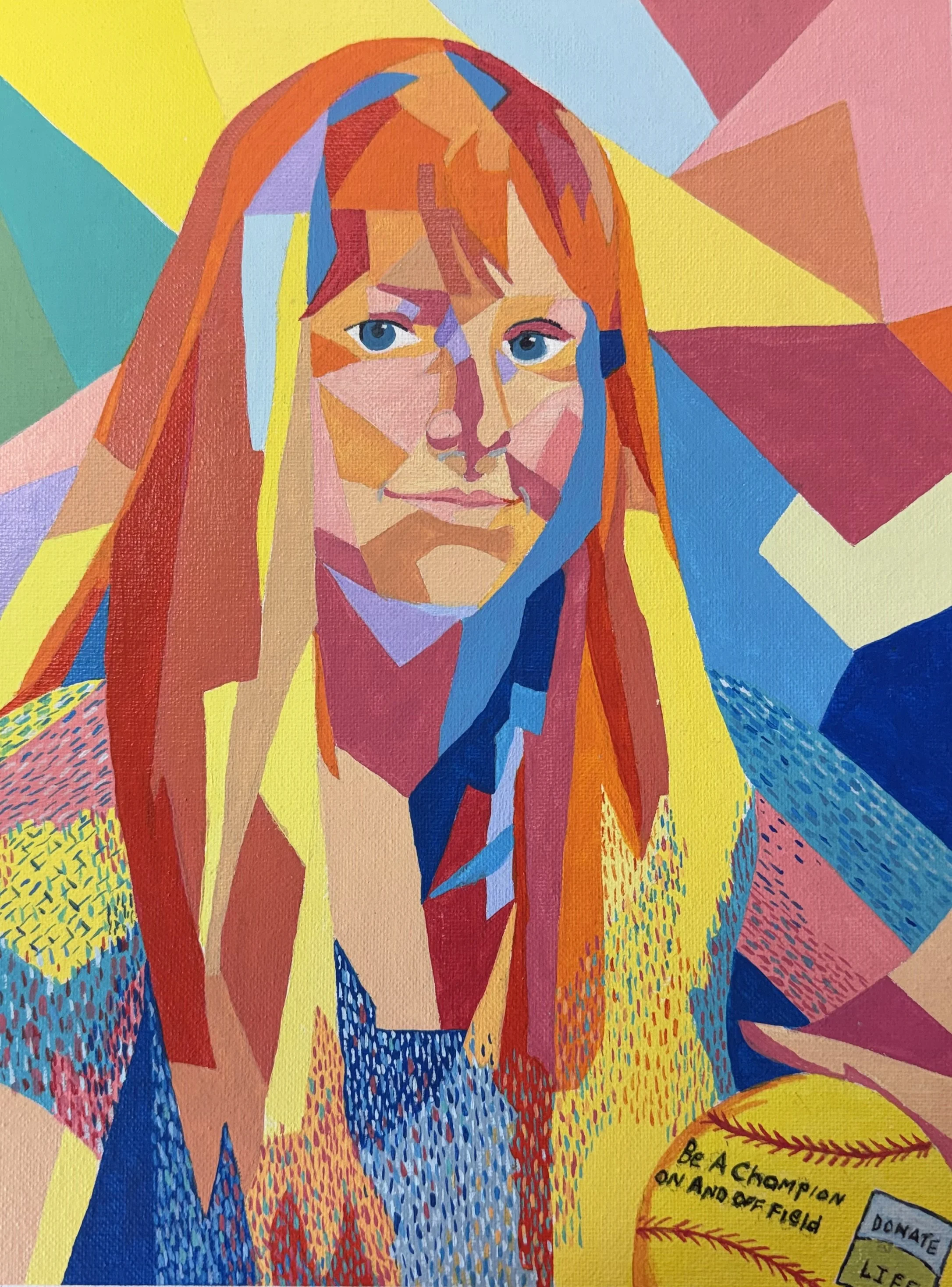 Colorful abstract portrait of a woman with long red hair, blue eyes, and a pinkish face, composed of geometric shapes and patterns in vibrant colors.