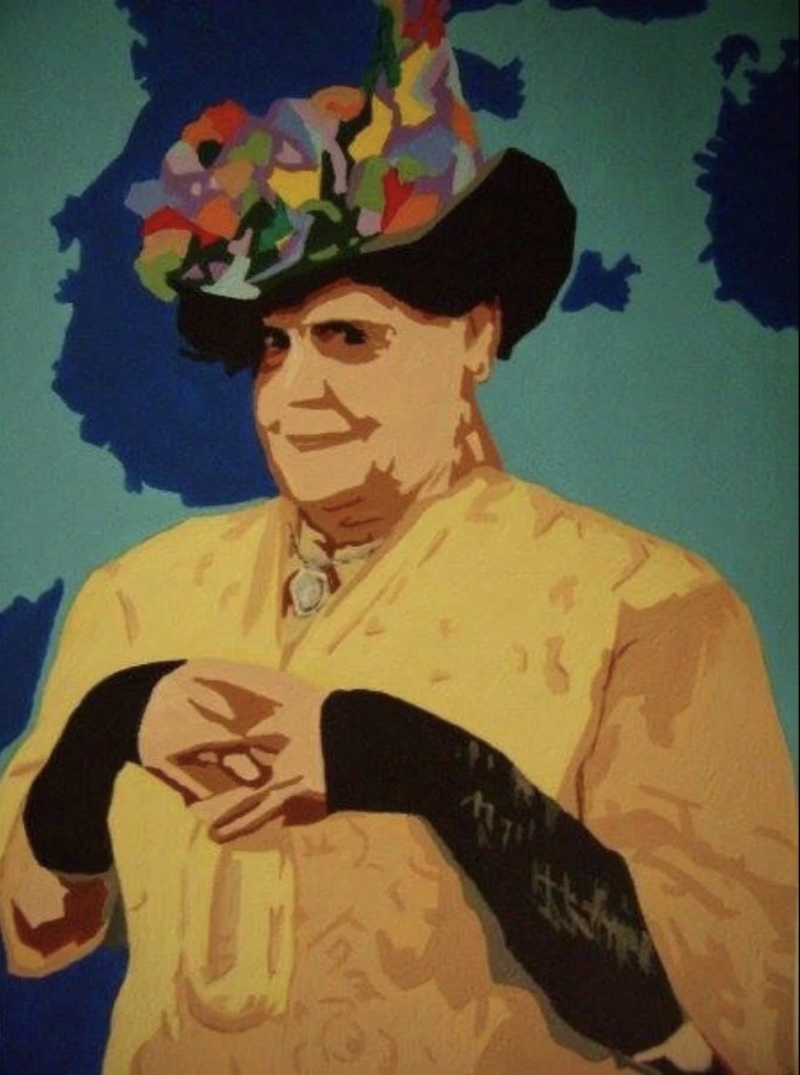 A stylized digital art depiction of a woman dressed in a yellow traditional outfit with black gloves, wearing a hat adorned with colorful flowers, against a teal background with dark blue shapes.