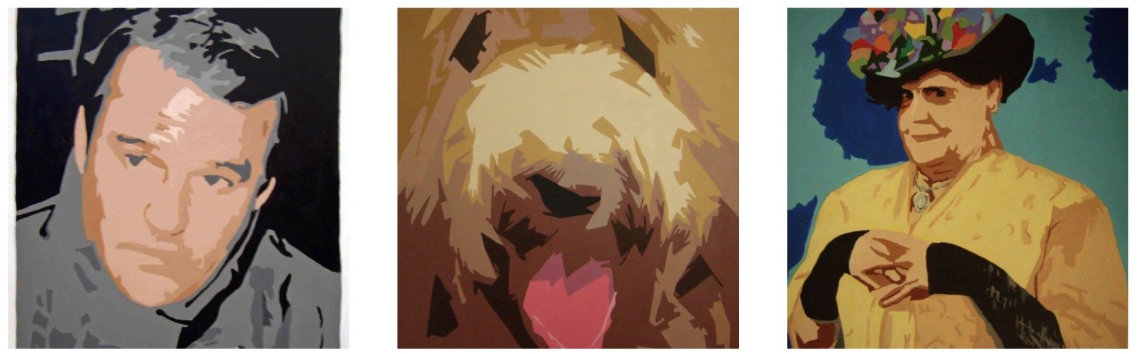 Three stylized digital paintings of different subjects. The first is a person's portrait with short dark hair, looking slightly to the left. The second is a close-up of a dog with light fur and its tongue visible. The third is a woman wearing a bright yellow dress and a hat with colorful decorations, smiling and holding her hands together.