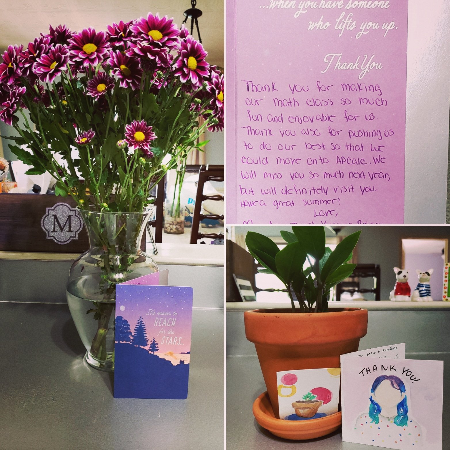 A collage of three images: the first shows a glass vase with pink and purple daisies on a countertop; the second shows a handwritten thank you note on purple paper with the message expressing gratitude for a math class; the third features a potted plant with greenery, greeting cards, and small decorative figurines in the background.