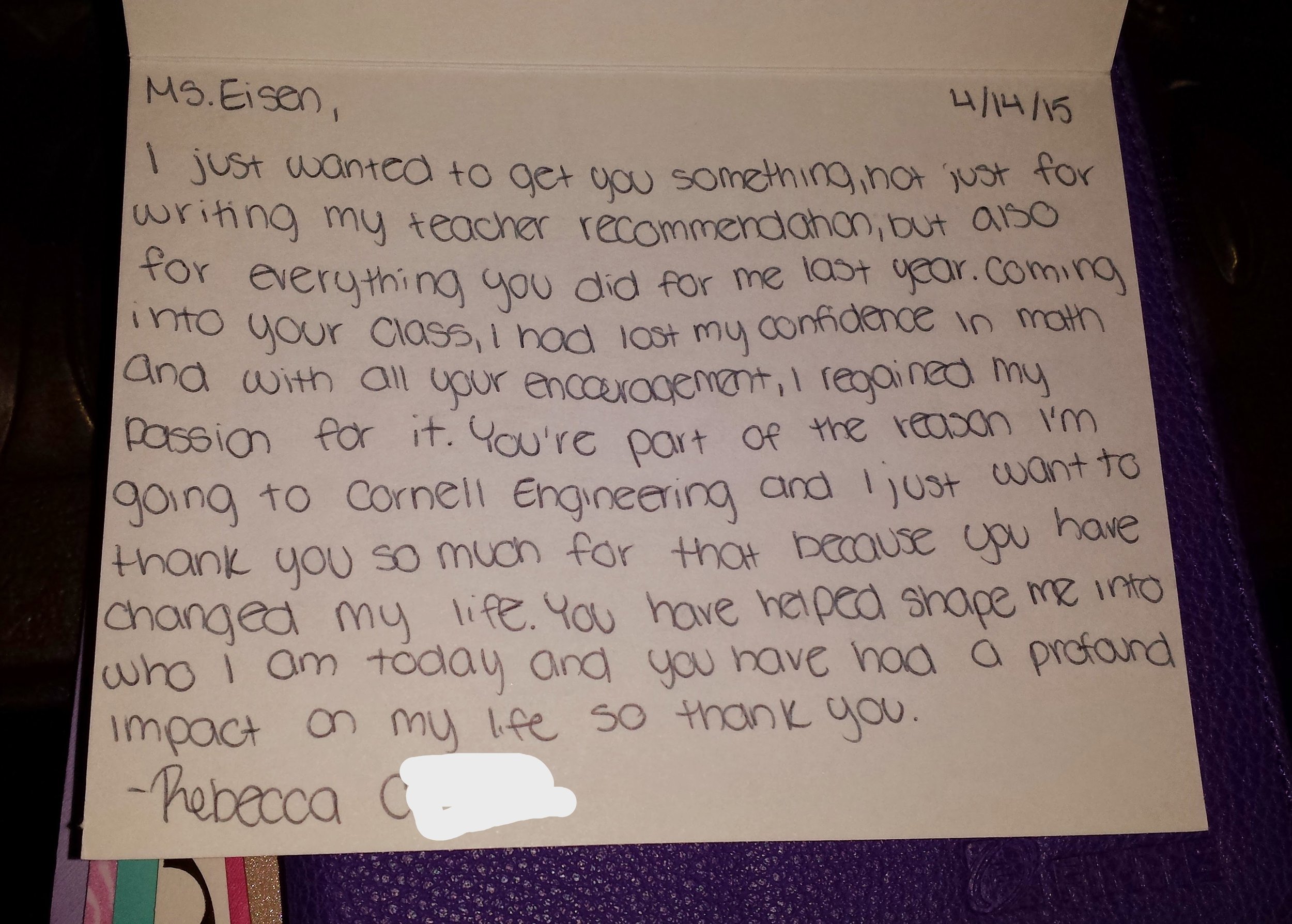 Handwritten letter on white paper with purple decorative border at the bottom, addressed to Ms. Eisen, dated 4/14/15, expressing gratitude for support and encouragement, mentioning coming into her class, regained confidence, and passion for math.
