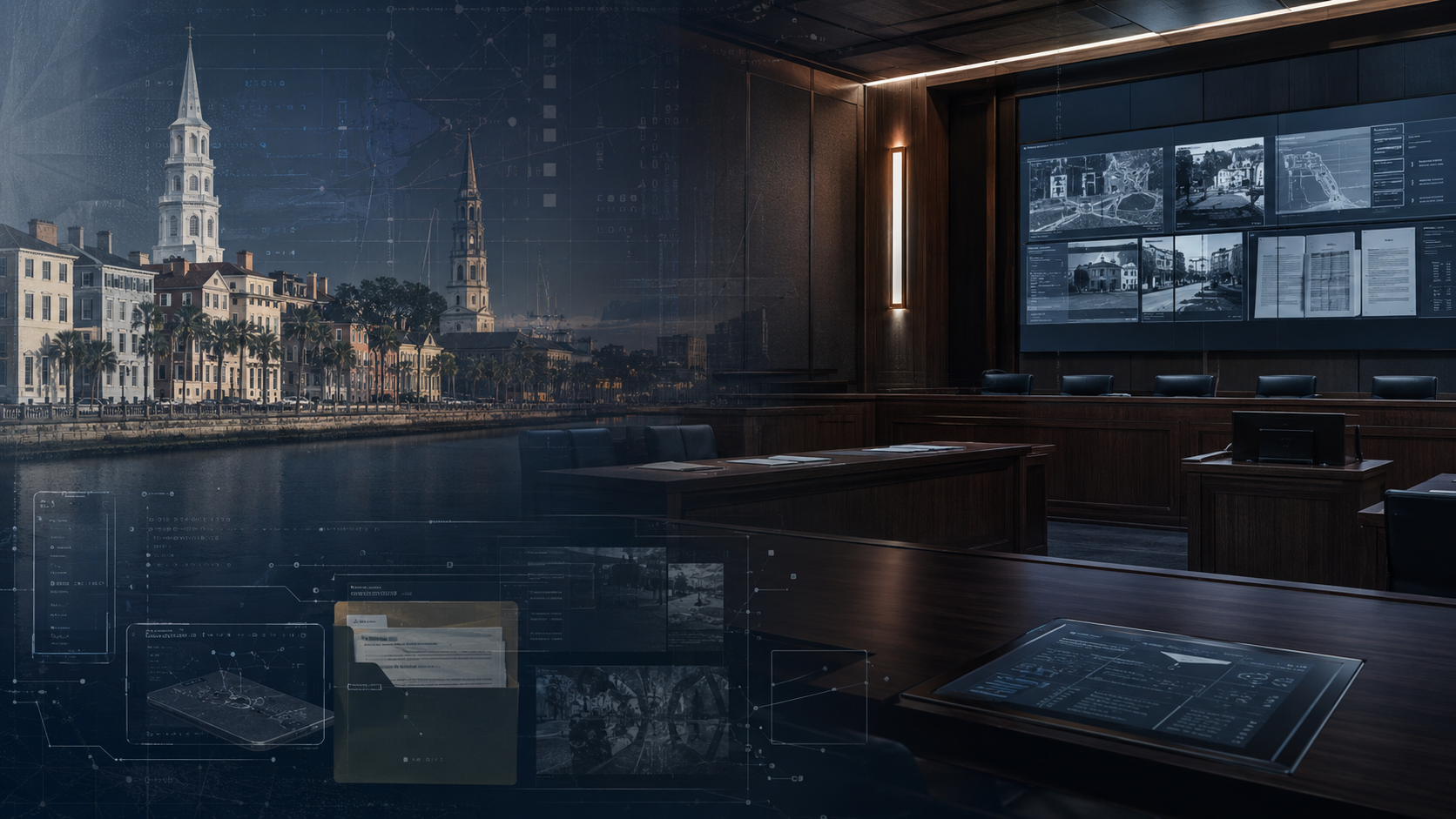 A modern conference room with digital screens showing architectural plans and cityscapes, overlooking a waterfront with historic buildings and palm trees.