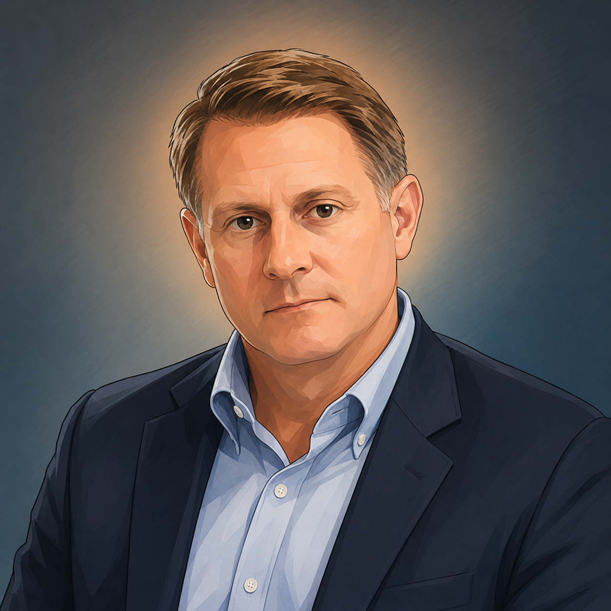 A digital painting or cartoon-style portrait of a middle-aged man with short brown hair, wearing a dark blue suit and a light blue collared shirt, with a neutral expression, against a gradient background.