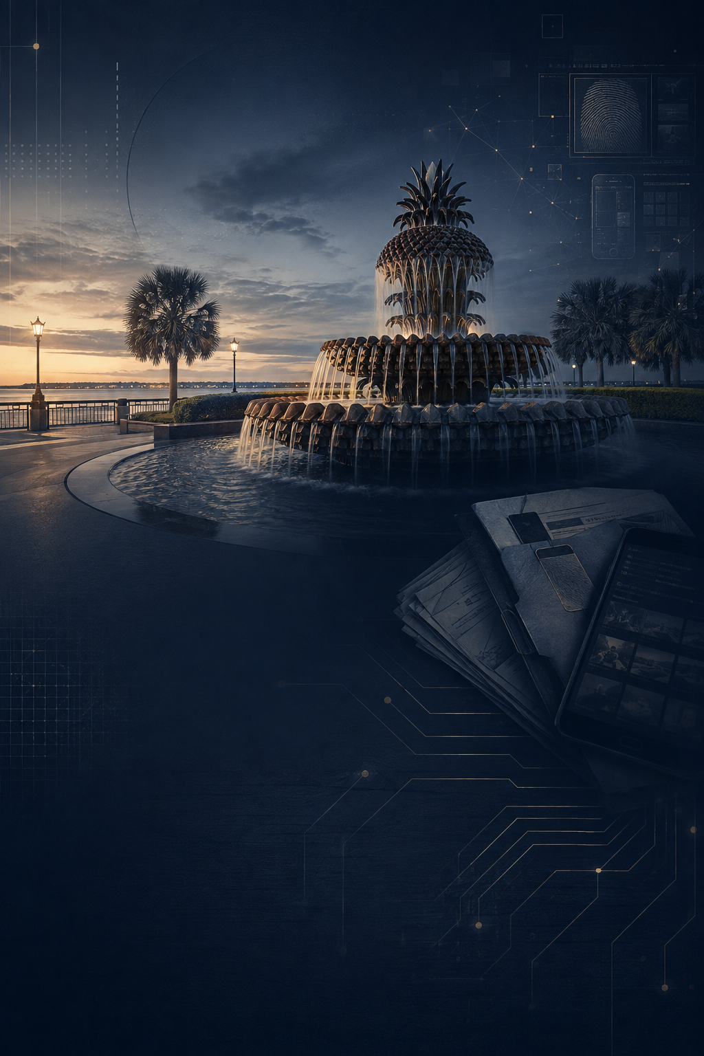 A decorative pineapple-shaped fountain at sunset with palm trees and a body of water in the background, and a laptop and smartphone in the foreground.