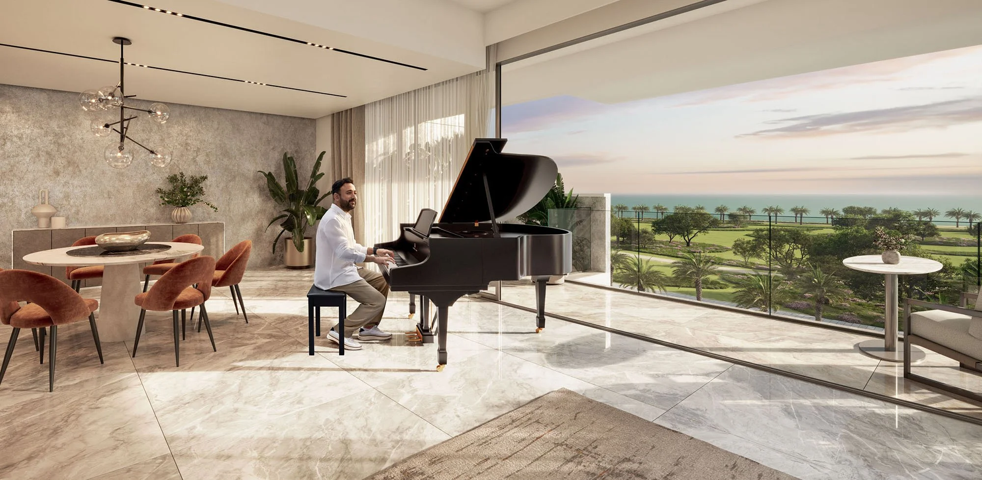 Yasir Alsaggaf sits at a piano in this advertising lifestyle image taken by Jon Enoch for The NHC to promote their Residence at Sadayem development project.
