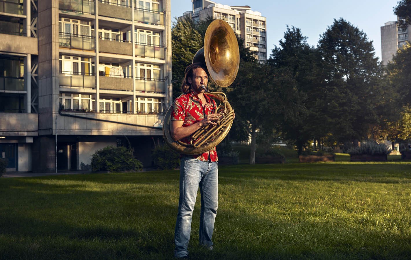 Rehearsal Room by Jon Enoch. Pictured: Bruce Stevens and his Sousaphone in Oval, London.