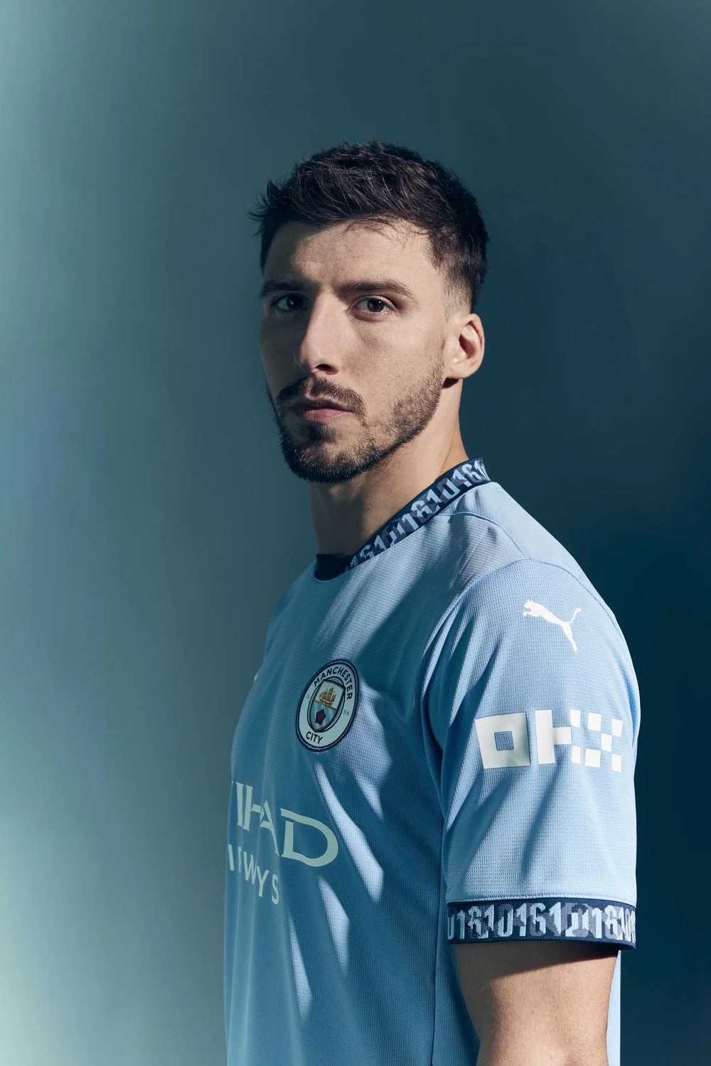 Manchester City and Portugal defender Rúben Dias photographed for OKX during a commercial sports photography campaign.