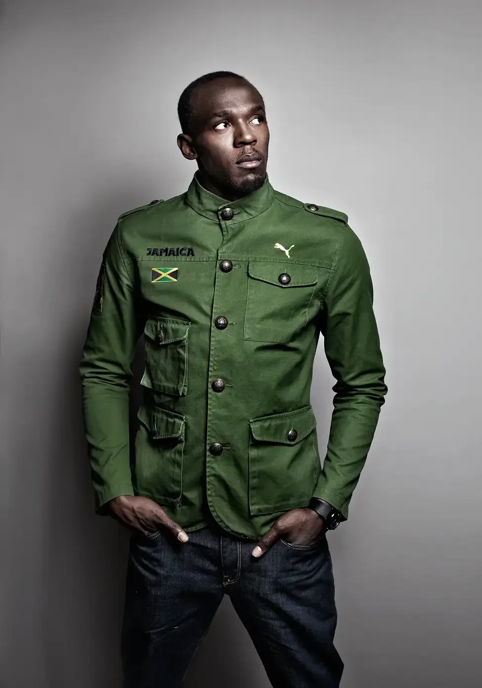 Olympic champion and world record holder Usain Bolt photographed in a striking studio portrait. The image captures the confidence, charisma and global appeal of one of the most celebrated athletes in sporting history.