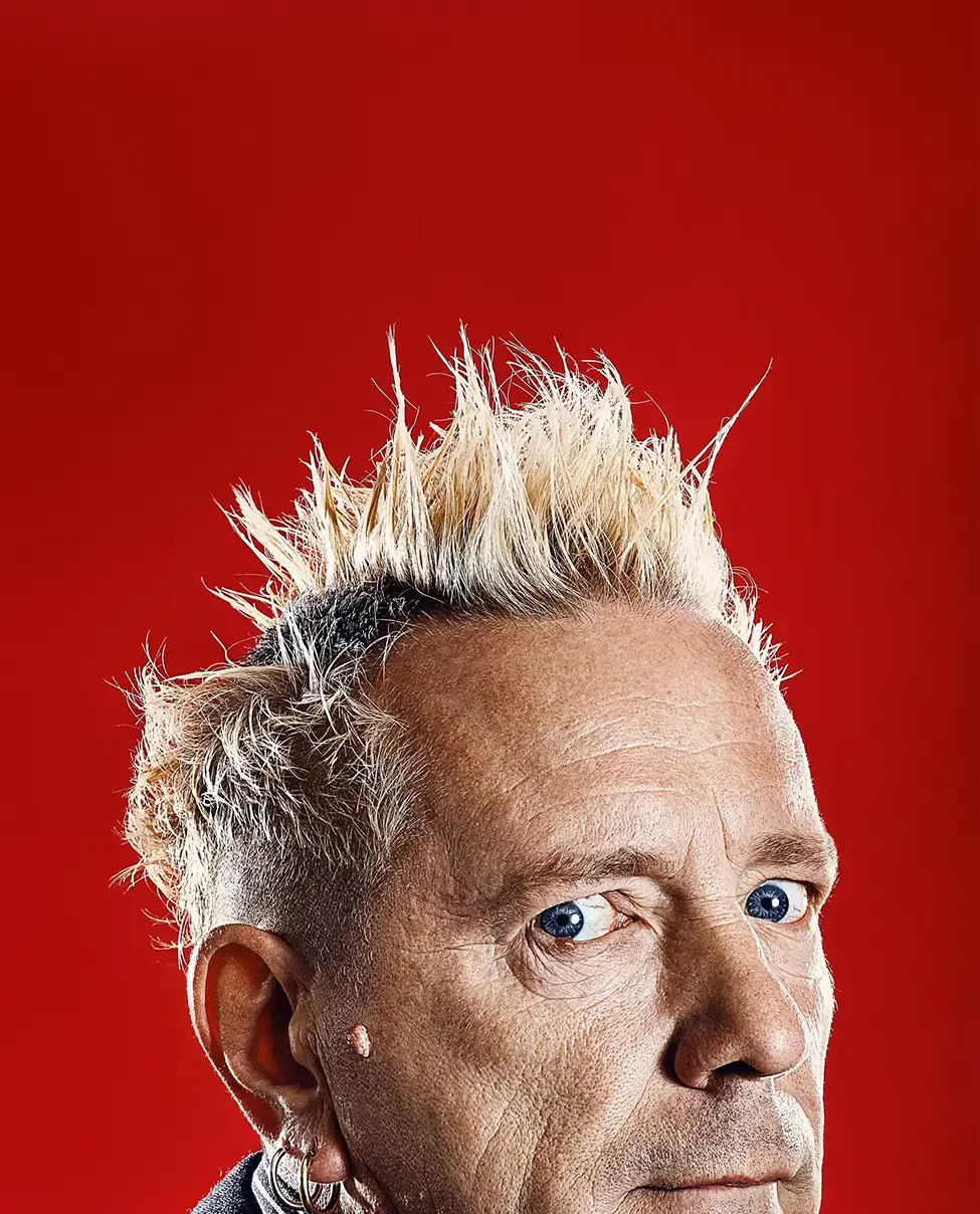John Lydon, frontman of the Sex Pistols, photographed in a bold contemporary portrait. The image captures the attitude, individuality and enduring influence of one of Britain's most iconic musicians.