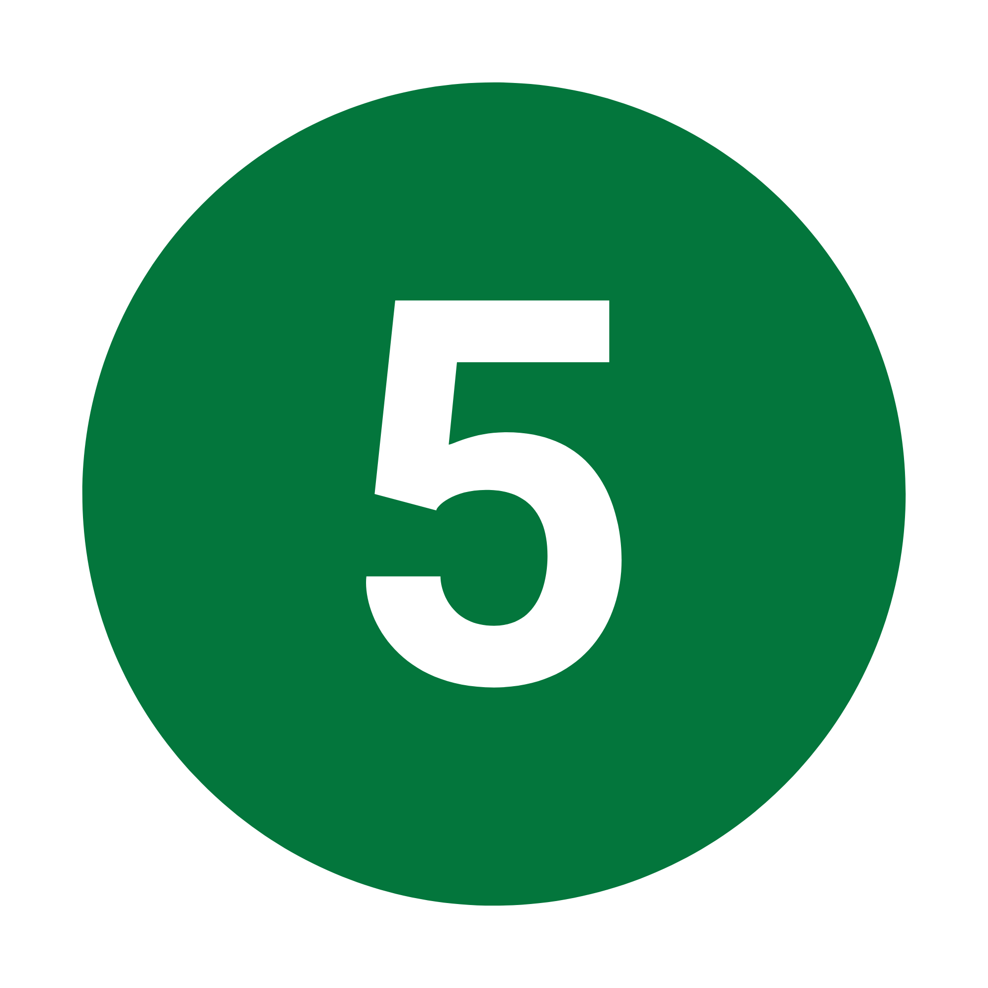 Green circle with a large white five in the centre.