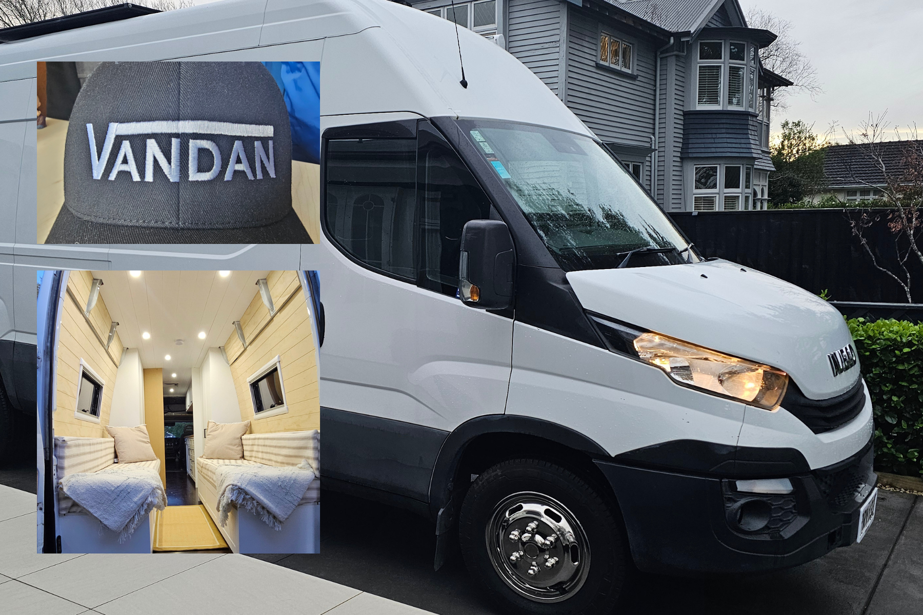 Daniel's camper van, featuring a close-up of a Vandan embroidered cap and an interior shot.