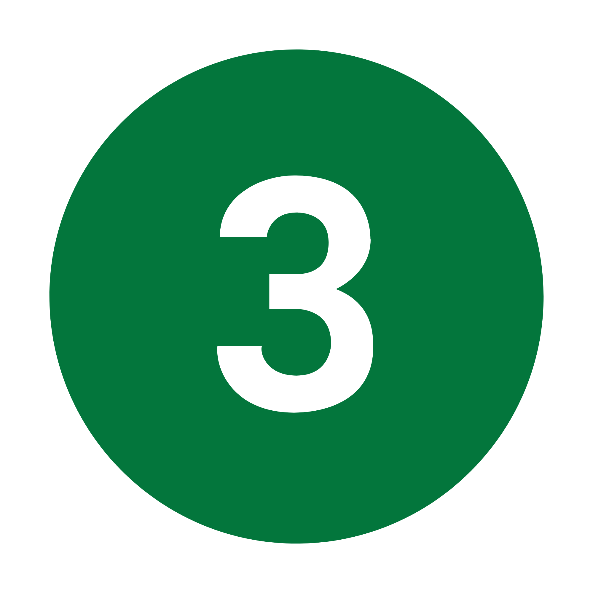 Green circle with a large white three in the centre.