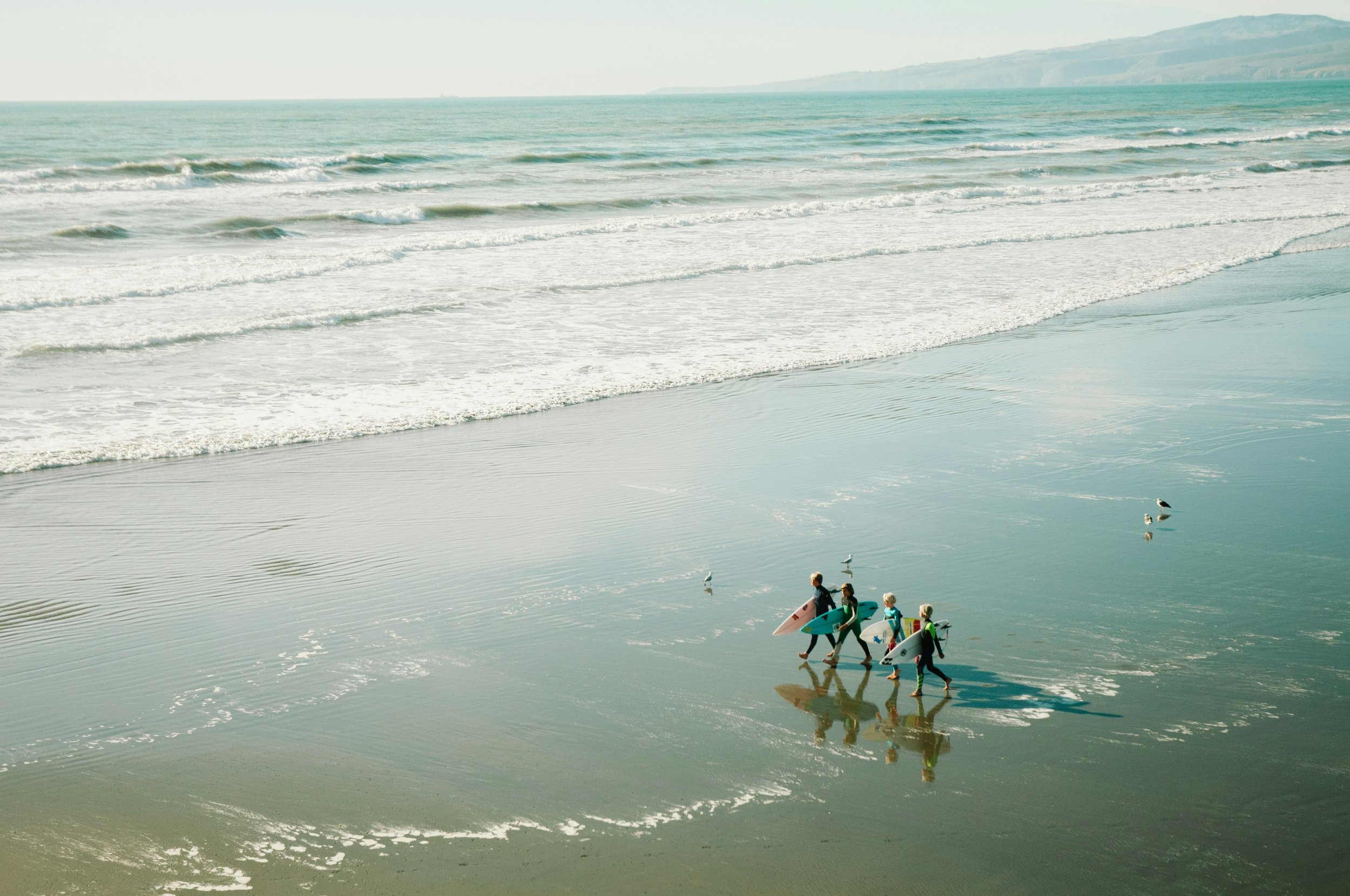 Surfers walking along the beach with surfboards, seagulls flying, ocean waves, and distant hills.