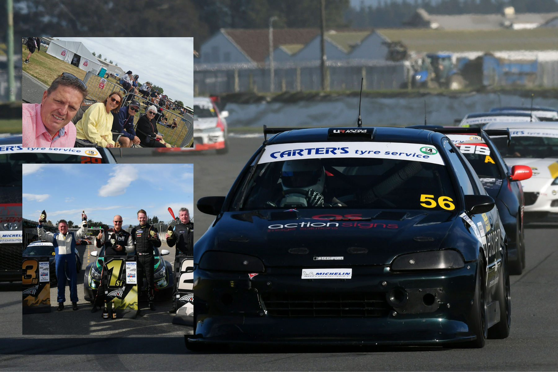 Race car at a racing event surrounded by other racing cars. Inset images show a group of spectators, a podium with race winners holding trophies, and a racing team celebrating.